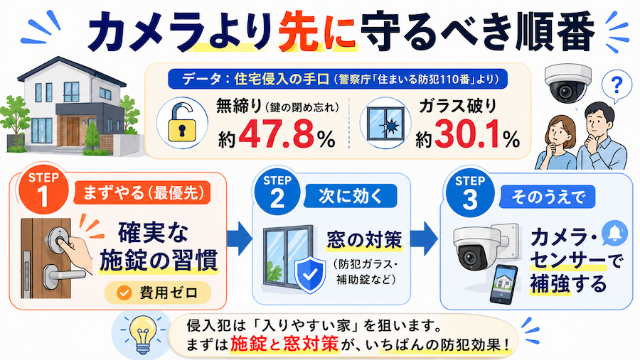 侵入犯罪のデータと防犯対策の優先順位を表した図解