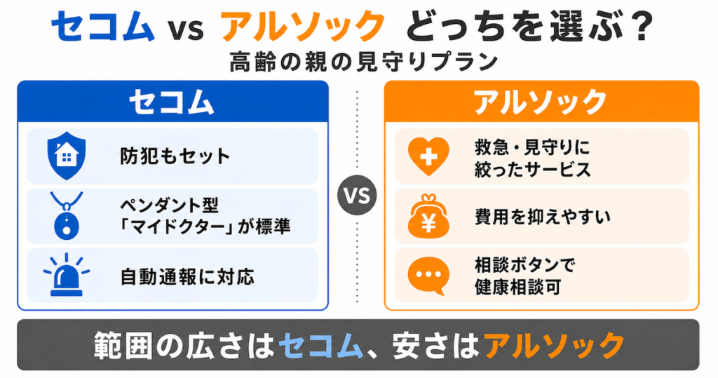 セコムとアルソックの見守りプランを比較した図解